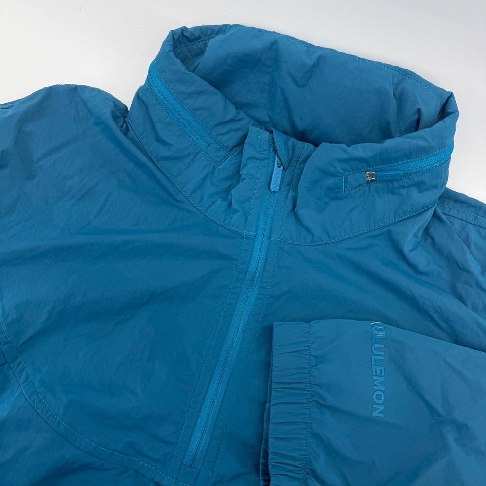 Lululemon Cropped Windbreaker Women 8 Teal Blue Half Zip Packable Hood Jacket
